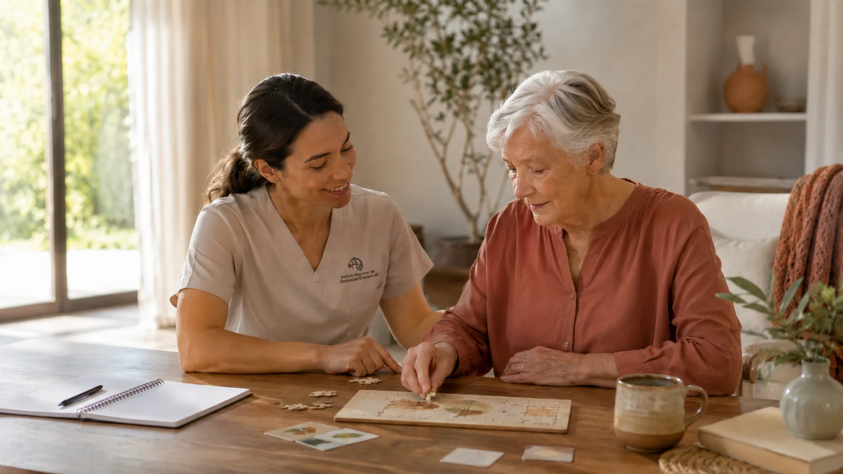 Sesión de estimulación cognitiva con paciente y profesional